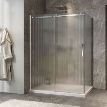 Porte de douche 60 po x Minia 36 po en coin chrome fermeture sur retour mur à gauche porte à droite en chrome et verre flûte