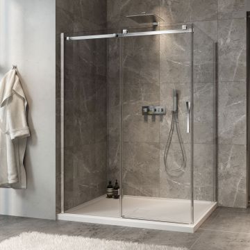 Porte de douche 60 po x Minia 42 po en coin chrome fermeture sur retour mur à gauche porte à droite