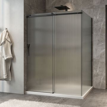 Porte de douche 60 po x Minia 42 po en coin noir mat fermeture sur mur mur à gauche porte à gauche en noir mat et verre flûte