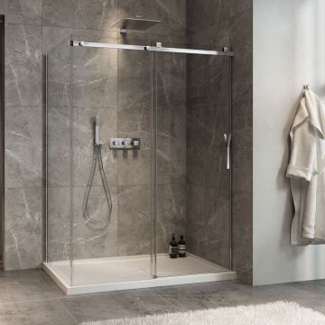 Porte de douche 60 po x Minia 32 po en coin chrome fermeture sur mur mur à droite porte à droite