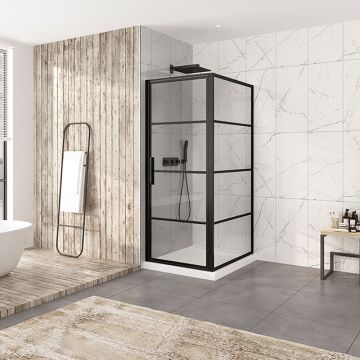 Porte de douche 32 po x Materia 42 po en coin noir mat carré mur à gauche