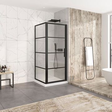 Porte de douche 32 po x Materia 32 po en coin noir mat carré mur à droite