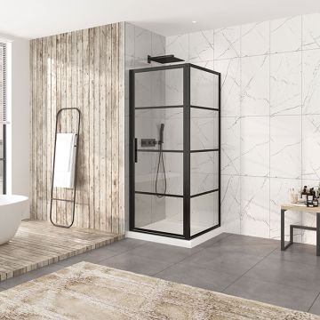 Porte de douche 36 po x Materia 32 po en coin noir mat carré mur à gauche