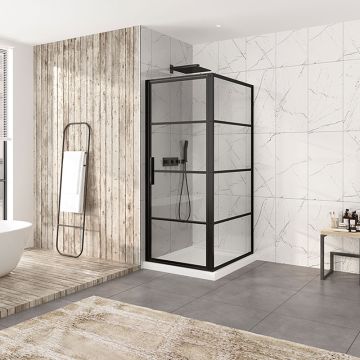 Porte de douche 36 po x Materia 42 po en coin noir mat carré mur à gauche