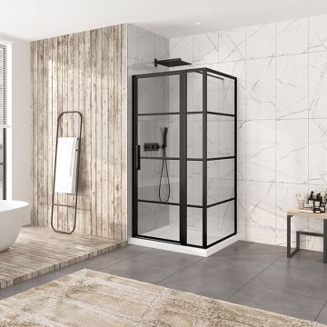 Porte de douche 42 po x Materia 32 po en coin noir mat rectangulaire porte décentrée mur à gauche