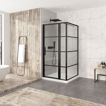 Porte de douche 42 po x Materia 42 po en coin noir mat rectangulaire porte décentrée mur à gauche