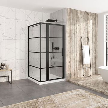 Porte de douche 42 po x Materia 42 po en coin noir mat rectangulaire porte décentrée mur à droite