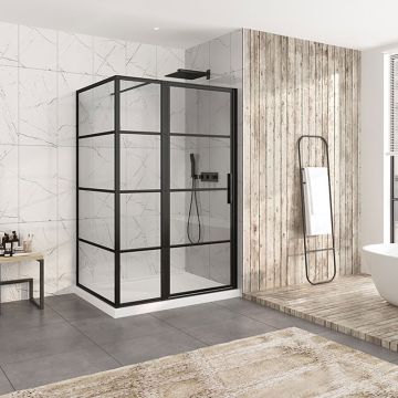 Porte de douche 54 po x Materia 42 po en coin noir mat rectangulaire porte décentrée mur à droite