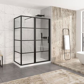 Porte de douche 60 po x Materia 36 po en coin noir mat rectangulaire porte décentrée mur à droite