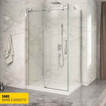 Porte de douche 48 po x Piazza 32 po en coin chrome fermeture sur retour mur à gauche porte à droite