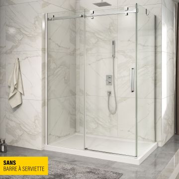Porte de douche 60 po x Piazza 32 po en coin chrome fermeture sur retour mur à gauche porte à droite