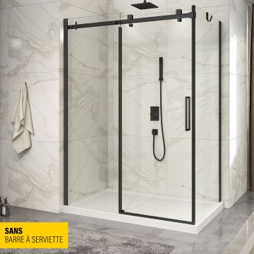 Porte de douche 60 po x Piazza 32 po en coin noir mat fermeture sur retour mur à gauche porte à droite