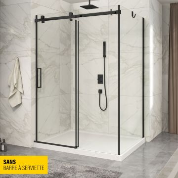 Porte de douche 60 po x Piazza 42 po en coin noir mat fermeture sur mur mur à gauche porte à gauche