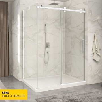Porte de douche 60 po x Piazza 42 po en coin blanc mat fermeture sur mur mur à droite