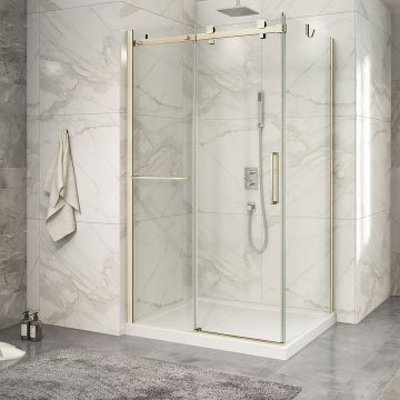 Porte de douche 48 po x Piazza 2.0 32 po en coin or brossé fermeture sur retour mur à gauche porte à droite en or brossé