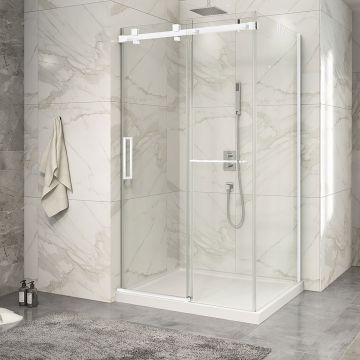 Porte de douche 48 po x Piazza 2.0 32 po en coin blanc mat fermeture sur mur mur à gauche porte à gauche