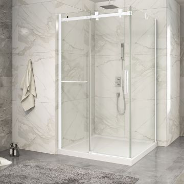 Porte de douche 48 po x Piazza 2.0 42 po en coin blanc mat fermeture sur retour mur à gauche porte à droite