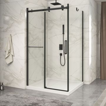Porte de douche 48 po x Piazza 2.0 42 po en coin noir mat fermeture sur retour mur à gauche porte à droite