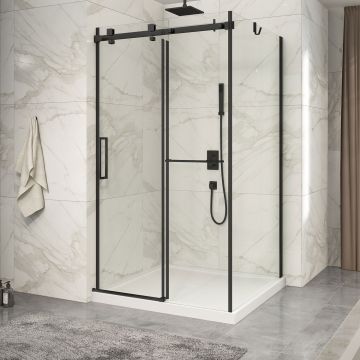 Porte de douche 48 po x Piazza 2.0 42 po en coin noir mat fermeture sur mur mur à gauche porte à gauche