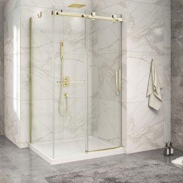 Porte de douche 48 po x Piazza 2.0 32 po en coin or brossé fermeture sur mur mur à droite porte à droite en or brossé