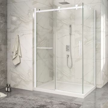 Porte de douche 54 po x Piazza 2.0 32 po en coin blanc mat fermeture sur retour mur à gauche porte à droite