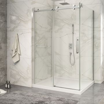 Porte de douche 54 po x Piazza 2.0 42 po en coin chrome fermeture sur retour mur à gauche porte à droite