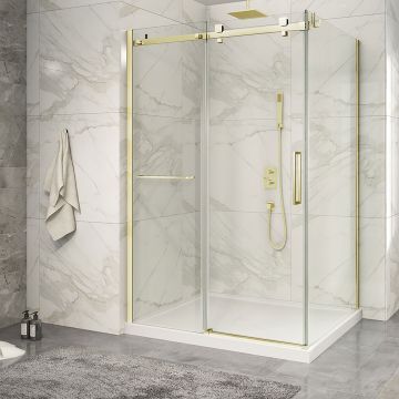 Porte de douche 54 po x Piazza 2.0 42 po en coin or brossé fermeture sur retour mur à gauche porte à droite en or brossé