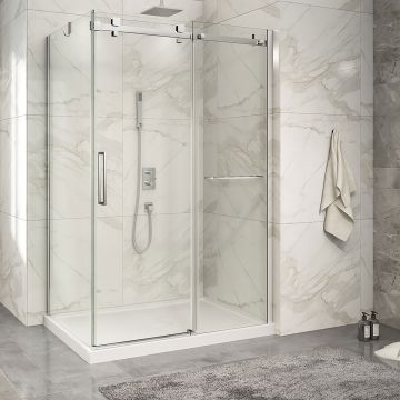 Porte de douche 54 po x Piazza 2.0 32 po en coin chrome fermeture sur retour mur à droite porte à gauche