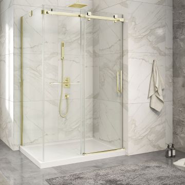 Porte de douche 54 po x Piazza 2.0 32 po en coin or brossé fermeture sur mur mur à droite porte à droite en or brossé