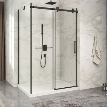 Porte de douche 54 po x Piazza 2.0 32 po en coin noir mat fermeture sur mur mur à droite porte à droite
