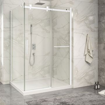 Porte de douche 54 po x Piazza 2.0 42 po en coin blanc mat fermeture sur retour mur à droite porte à gauche