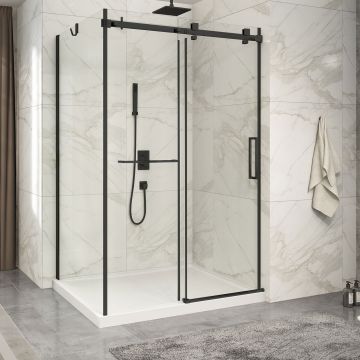 Porte de douche 54 po x Piazza 2.0 42 po en coin noir mat fermeture sur mur mur à droite