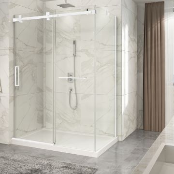 Porte de douche 60 po x Piazza 2.0 32 po en coin blanc mat fermeture sur mur mur à gauche porte à gauche