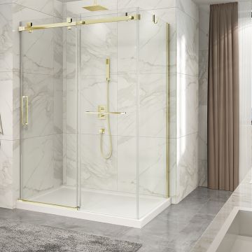 Porte de douche 60 po x Piazza 2.0 32 po en coin or brossé fermeture sur mur mur à gauche porte à gauche en or brossé