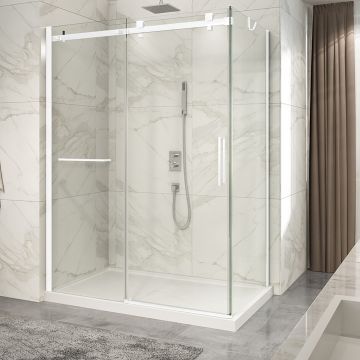 Porte de douche 60 po x Piazza 2.0 36 po en coin blanc mat fermeture sur retour mur à gauche porte à droite