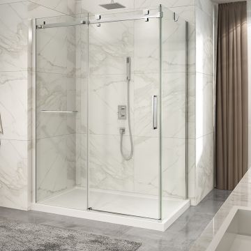 Porte de douche 60 po x Piazza 2.0 36 po en coin chrome fermeture sur retour mur à gauche porte à droite