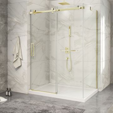 Porte de douche 60 po x Piazza 2.0 36 po en coin or brossé fermeture sur mur mur à gauche porte à gauche en or brossé