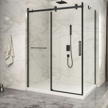 Porte de douche 60 po x Piazza 2.0 42 po en coin noir mat fermeture sur retour mur à gauche porte à droite