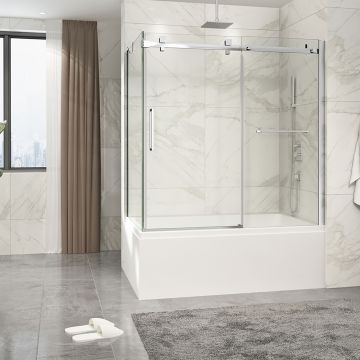 Porte de baignoire 60 po x Piazza 2.0 32 po en coin chrome fermeture sur retour mur à droite porte à gauche