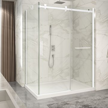 Porte de douche 60 po x Piazza 2.0 42 po en coin blanc mat fermeture sur retour mur à droite porte à gauche