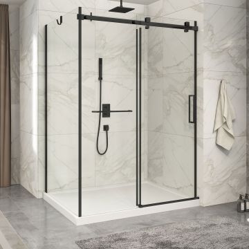 Porte de douche 60 po x Piazza 2.0 42 po en coin noir mat fermeture sur mur mur à droite