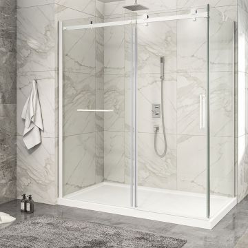 Porte de douche 72 po x Piazza 2.0 32 po en coin blanc mat fermeture sur retour mur à gauche porte à droite