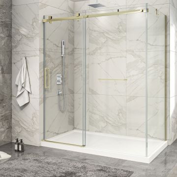 Porte de douche 72 po x Piazza 2.0 32 po en coin or brossé fermeture sur mur mur à gauche porte à gauche en or brossé