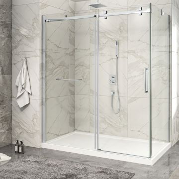 Porte de douche 72 po x Piazza 2.0 36 po en coin chrome fermeture sur retour mur à gauche porte à droite