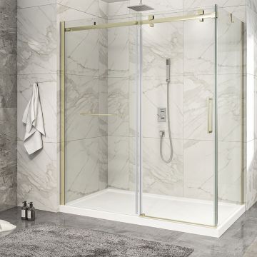Porte de douche 72 po x Piazza 2.0 36 po en coin or brossé fermeture sur retour mur à gauche porte à droite en or brossé