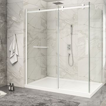Porte de douche 72 po x Piazza 2.0 42 po en coin blanc mat fermeture sur retour mur à gauche porte à droite
