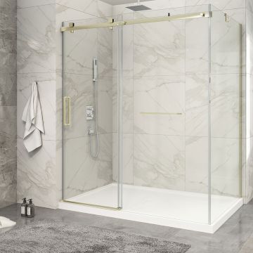 Porte de douche 72 po x Piazza 2.0 42 po en coin or brossé fermeture sur mur mur à gauche porte à gauche en or brossé