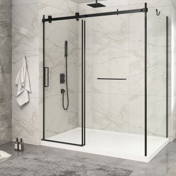 Porte de douche 72 po x Piazza 2.0 42 po en coin noir mat fermeture sur mur mur à gauche porte à gauche