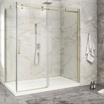 Porte de douche 72 po x Piazza 2.0 36 po en coin or brossé fermeture sur retour mur à droite porte à gauche en or brossé
