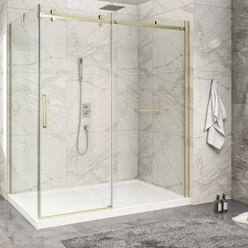 Porte de douche 72 po x Piazza 2.0 42 po en coin or brossé fermeture sur retour mur à droite porte à gauche en or brossé